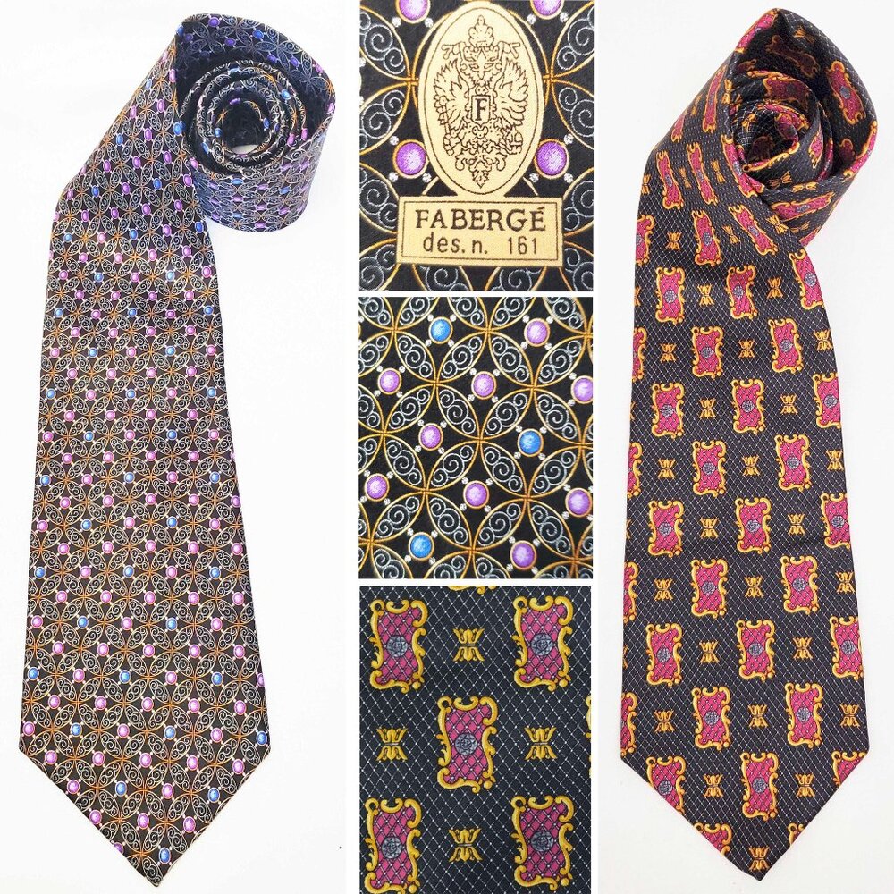 Faberge Mens Set of 2 Silk Neck Tie Ties Pearl Filigree Print Pink Black Blue